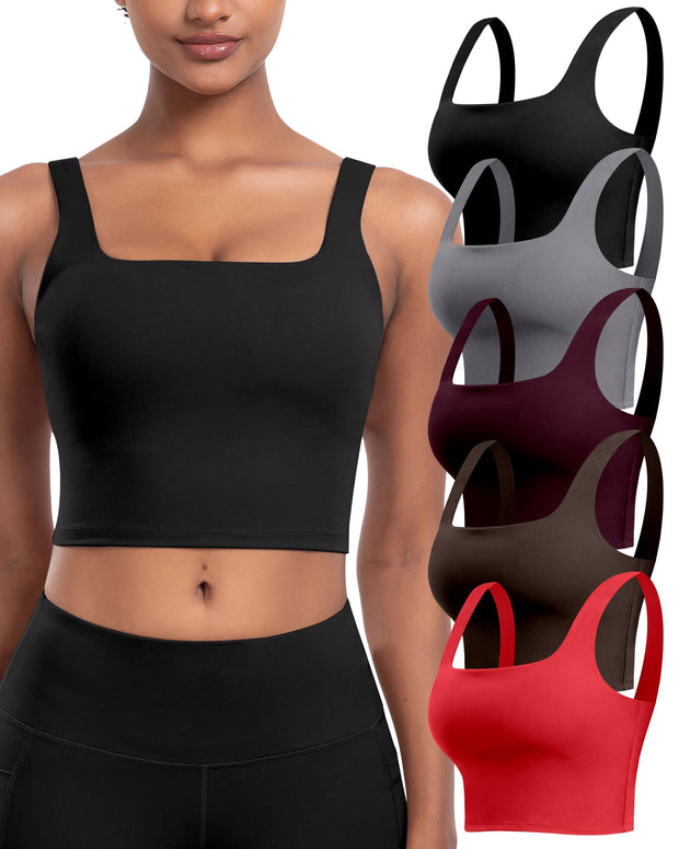 Womens Sports Bras 5 Packs - Square Neck Longline Workout Crop Tank Tops Padded Yoga Camisole with Built in Pads
