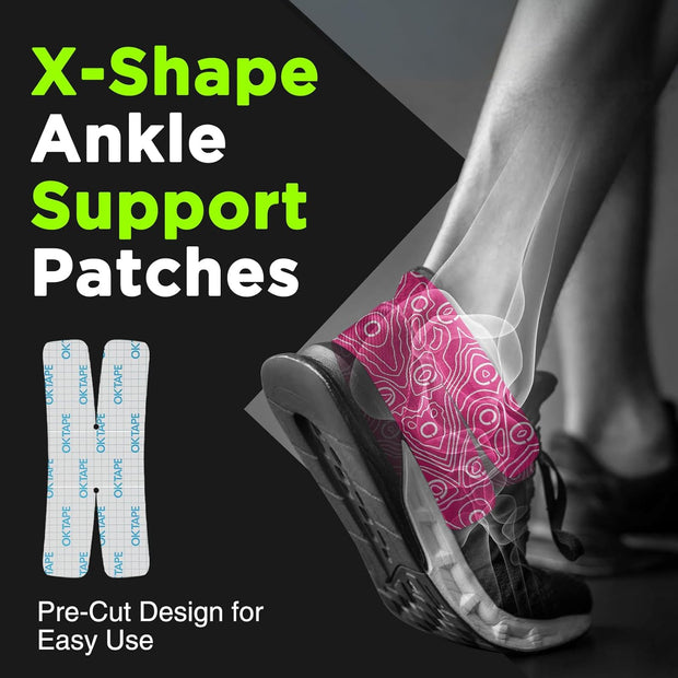 OK TAPE Kinesiology Tape for Ankle - 10 Precut Strips | Professional-Grade Water-Resistant & Breathable Ankle Tape for Sports Injury Recovery, Support, 10pcs, Pink