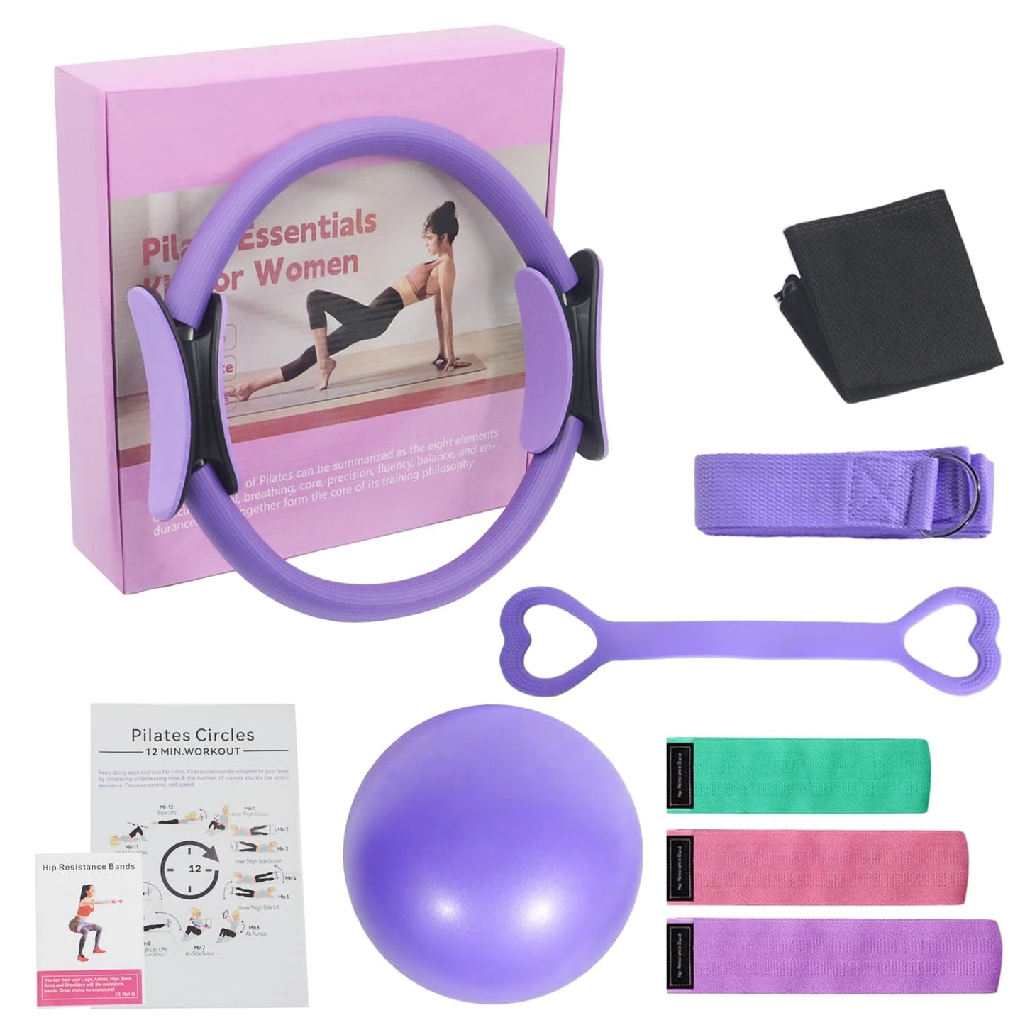 Pilates Ring and Ball Set for Women,Pilates Kit for Home Workouts,Includes Pilates Guide Manual, Magic Circle,Pilates Mini Ball,3PC Resistance Bands