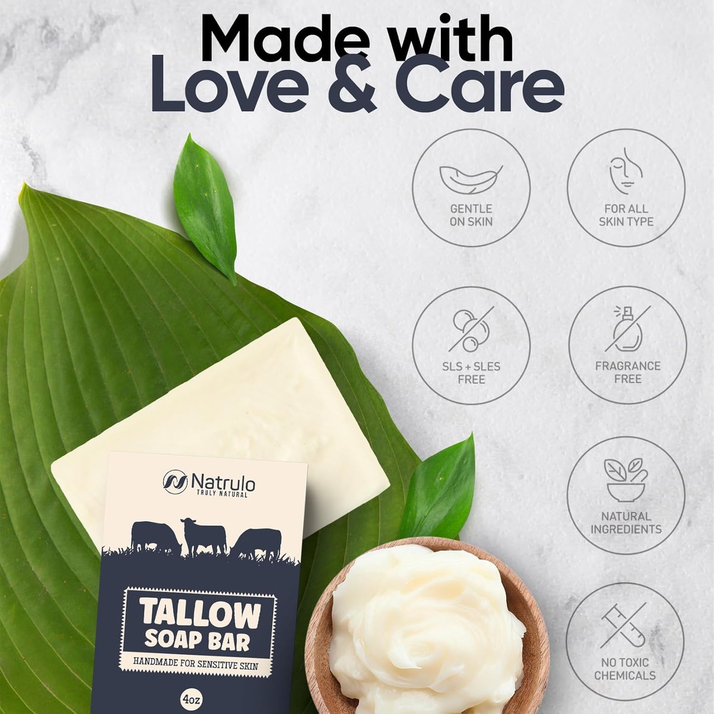 Beef Tallow Soap Bar – All Natural Grass Fed Tallow Soap Unscented – Moisturizing Face & Body Wash Great for Eczema, Dry, Itchy, Sensitive Skin – Handcrafted Bath Soap for Adults, Kids, Made in USA