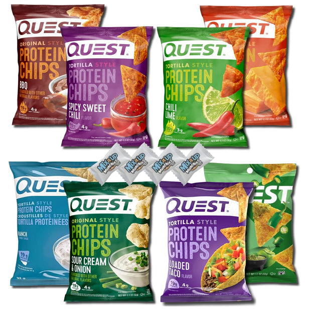 Quest Protein Chips Variety Pack – 8-Flavors + 4 MIMM MInts | High Protein 18-20g Per Bag | Keto Snacks, Baked, Crunchy, Gluten Free, and Low Calorie Snacks | Bundled by Mix It Up Munchies | Healthy Gift Snack Box Variety Pack