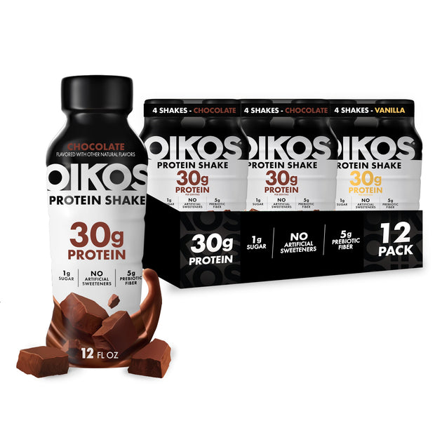 Oikos Protein Shake, Salted Caramel, 30g High Protein Drinks, Shelf Stable, Ready to Drink, 5g Prebiotic Fiber, 12 fl oz Bottle, 12 Count