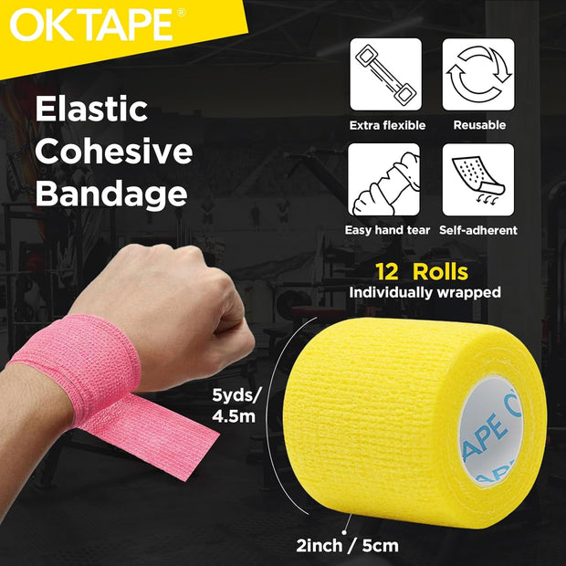 OK TAPE 12 Rolls Self Adhesive Bandage Wrap, Elastic Athletic Tape, Self Stick Bandage Tape, Vet Wrap, Medical Wrap for Wrist, Feet, 2" x 5 Yards - Pink