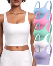 Womens Sports Bras 5 Packs - Square Neck Longline Workout Crop Tank Tops Padded Yoga Camisole with Built in Pads