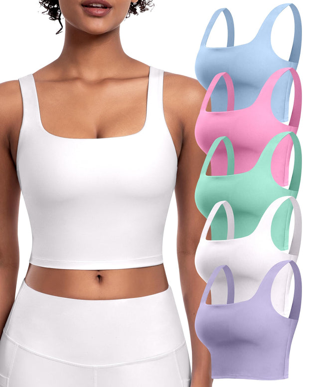 Womens Sports Bras 5 Packs - Square Neck Longline Workout Crop Tank Tops Padded Yoga Camisole with Built in Pads