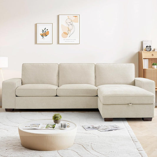 PARKOL 99" Convertible Sectional Sofa Couch with Chaise Storage, Modern L-Shaped Reversible Design, Comfortable Chenille Fabric, Removable Cushion Covers USB Type-C Ports (Beige, 55" Chaise)