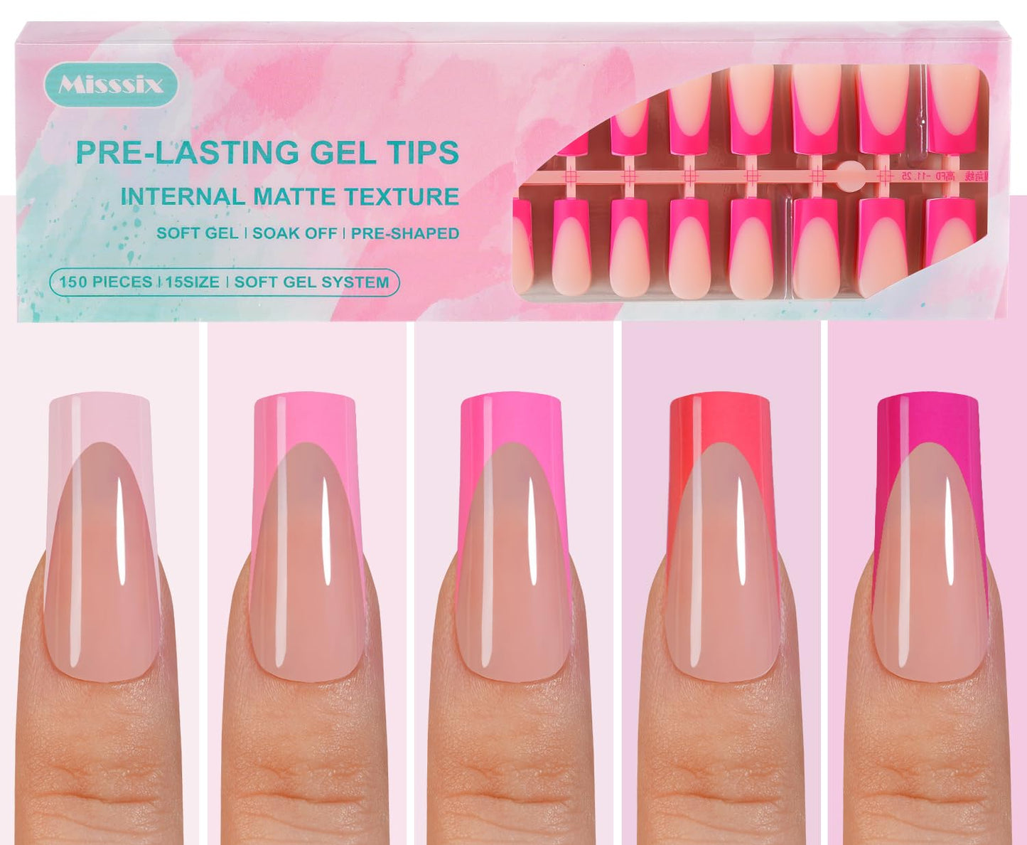Misssix French Gel Nail Tips, 150Pcs French Tip Press on Nails Long Square Design, No Need to File Tips Pre-lasting, Fake Nails for Nail Art DIY 15 Sizes