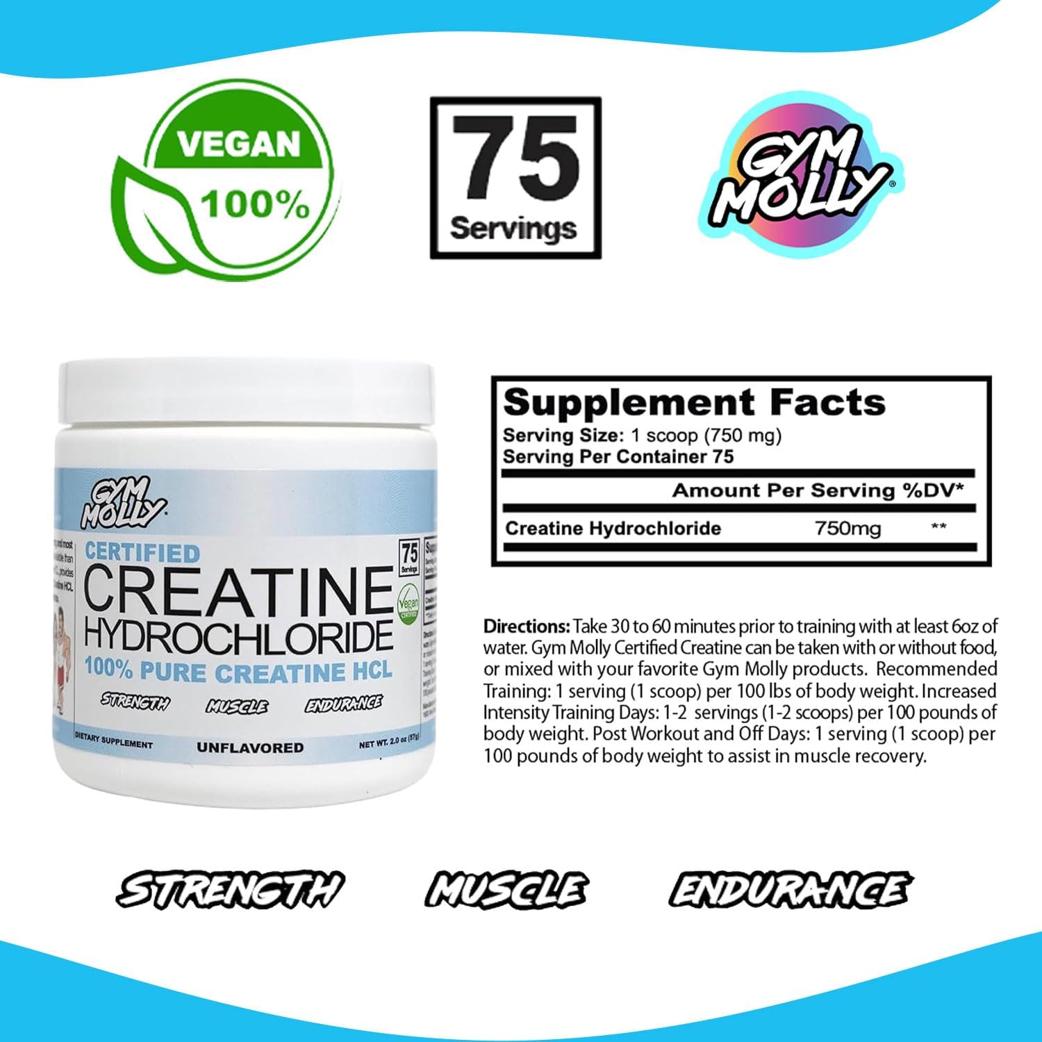 Gym Molly Creatine Hydrochloride Powder, Highly Soluble Creatine Hydrochloride, Unflavoured, Vegan, Workout Supplement for Men and Women, Muscle Builder Creatine Supplement (75 Servings, 750mg)