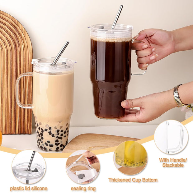 Large Glass Tumbler with Lid and Straw, 4 Pack Glass Cup with Handle, 33oz Iced Coffee Cups, Thick Drinking Glasses Set, Clear Travel Mug for Hot and Cold Beverage, Drinks, Tea, Smoothie