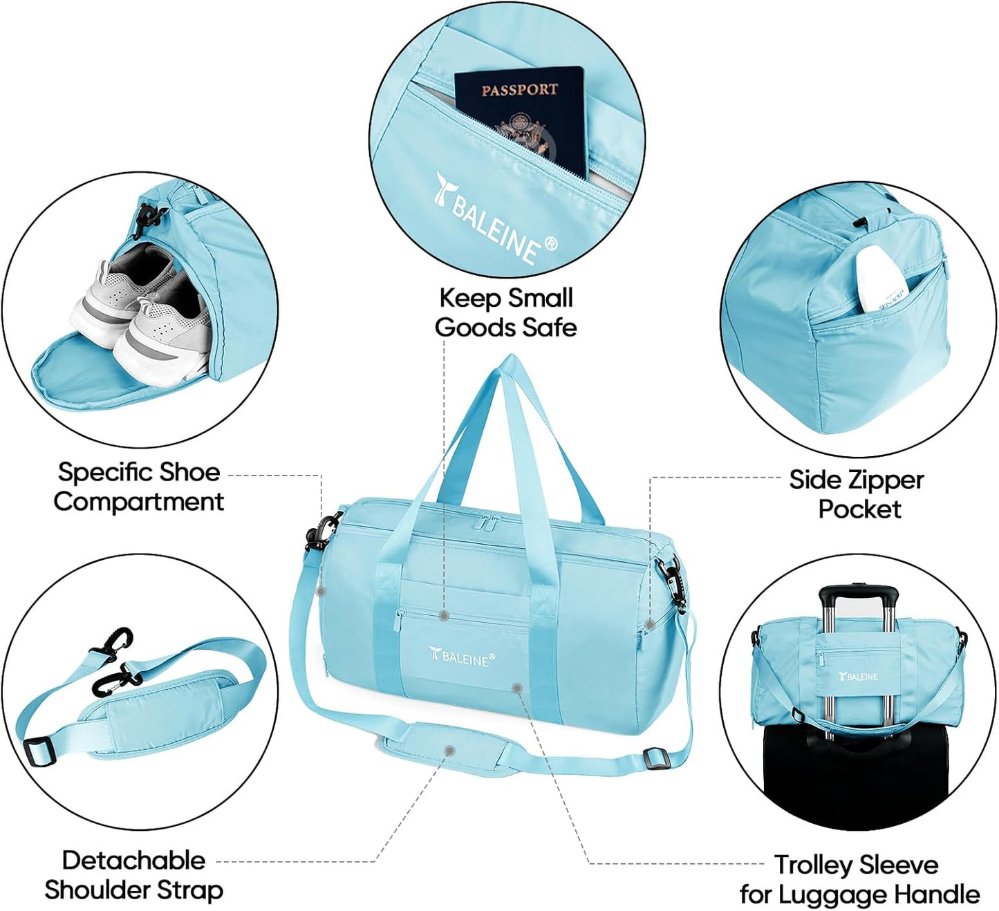 BALEINE Gym Duffel Bag for Women and Men, Small for Sports, Gyms and Weekend Getaway, Waterproof Dufflebag with Shoe and Wet Clothes Compartments, Lightweight Carryon Gymbag (Azure)