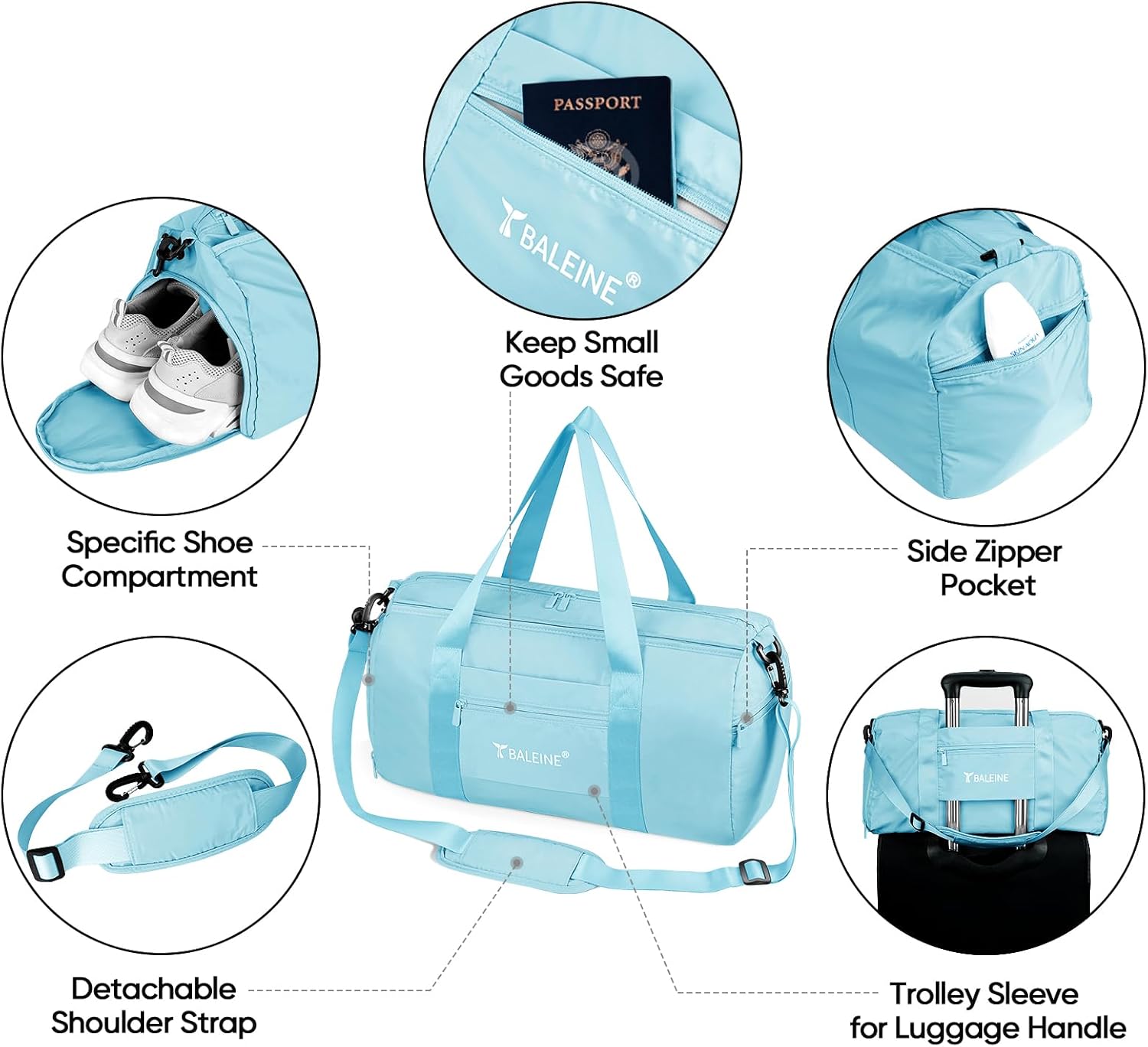BALEINE Gym Duffel Bag for Women and Men, Small for Sports, Gyms and Weekend Getaway, Waterproof Dufflebag with Shoe and Wet Clothes Compartments, Lightweight Carryon Gymbag (Azure)