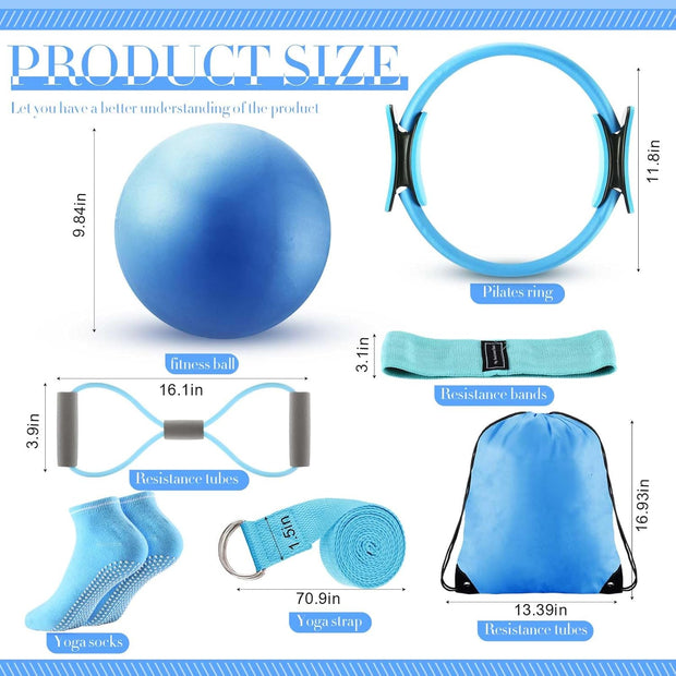 Poen Home Pilates Kit for Women Pilates Equipment Ring and Ball Set with Stretching Strap 8 Resistance Bands Non Slip Socks Gym Back Bags Exercise Equipment for Workout