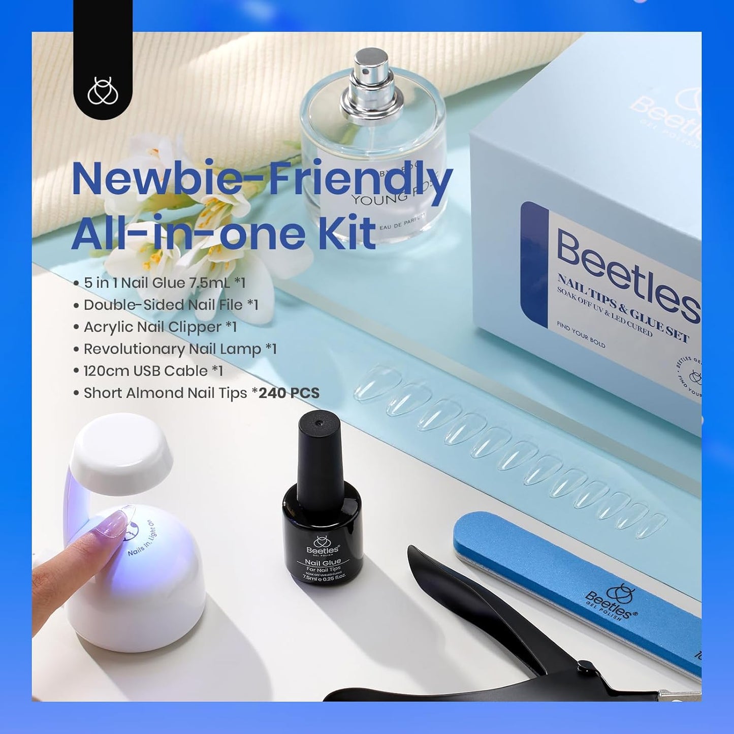 Beetles Gel Nail Kit Short Almond, 240Pcs Easy Nail Extension Set Shaped Clear Tips with 5 in 1 Nail Glue Base & Top Coat and Mini UV Lamp, Nail Tips Art Acrylic Nail Kit Gifts for Women