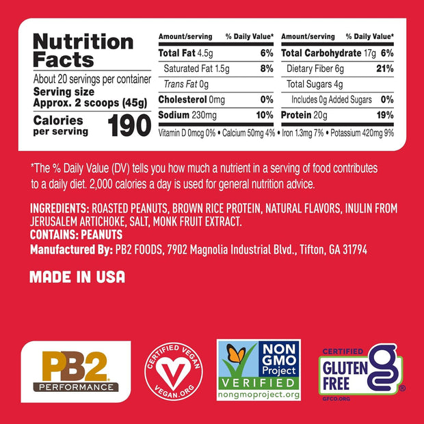 PB2 Performance Peanut Plant Based Vegan Protein Powder | 20g Complete Protein, No Added Sugar, Prebiotic Fiber | Dairy Free, Certified Vegan, Non-GMO, Gluten Free [Peanut w/Madagascar Vanilla, 2LB]