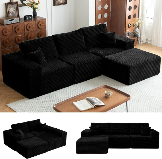 108" Modular Sectional Sofa Cloud Couch with Deep Seats, L Shape Memory Foam Couch with Chaise and Movable Ottoman, Sectional Couches for Living Room, Comfy Boneless Sofa No Assembly, Black