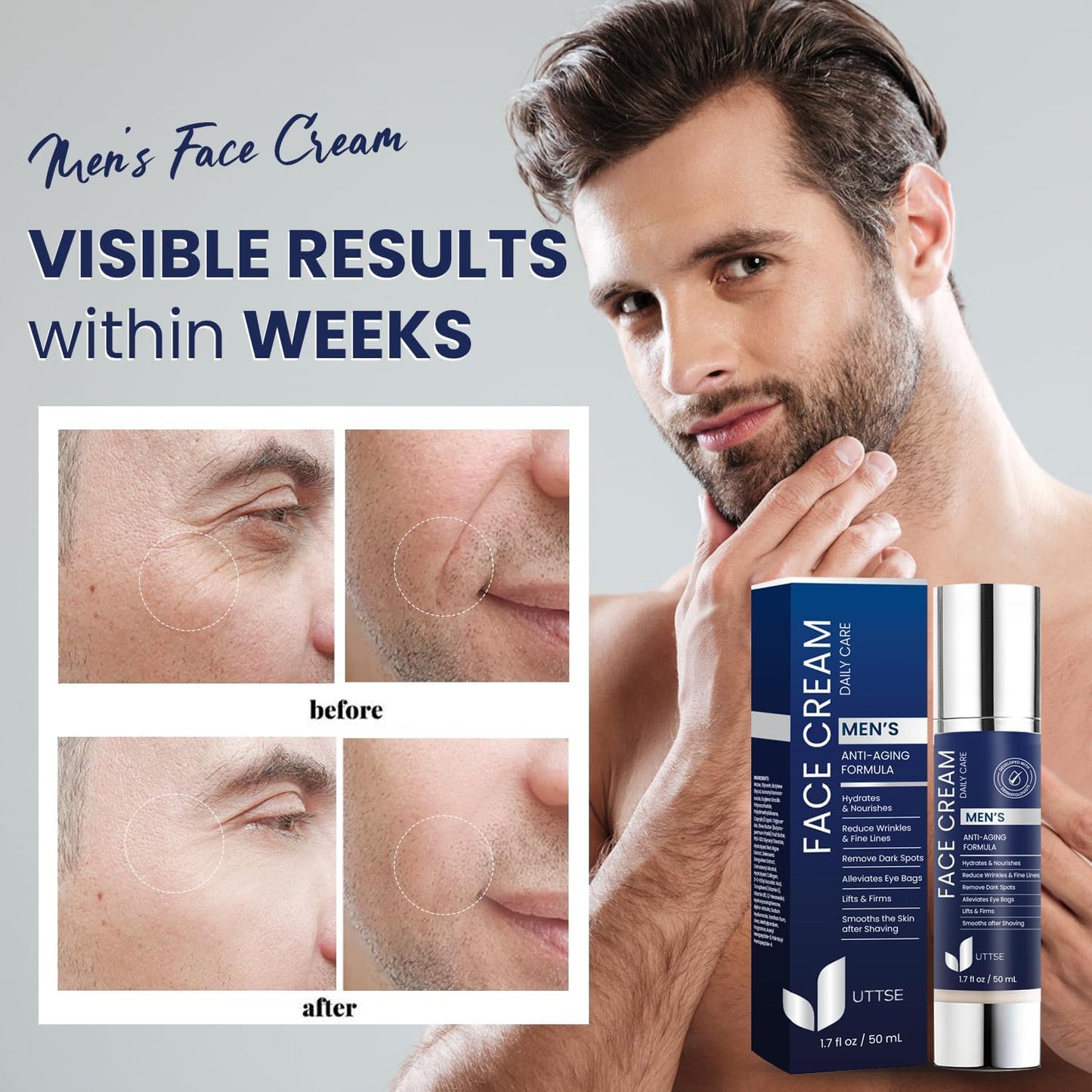 6-in-1 Mens Face Moisturizer: Face Cream for Men - Reduce the Look of Eye Bags, Dark Circles, and Puffiness - Skin Care for Men - 1.7 fl oz
