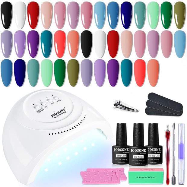 JODSONE Gel Nail Polish Kit with U V Light 32 Colors Gel Polish Nail + 4 Functional Adhesive Bottles Kit Soak Off Manicure Tools Gifts for Women