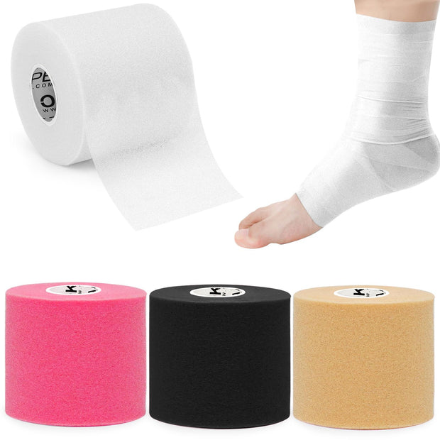 OK TAPE Pre Wrap Tape (4-Rolls) - Athletic Foam Underwrap for Sports, Protect for Ankles Wrists Hands and Knees, 2.75 Inches x 30 Yards - Black/Pink/Beige/White