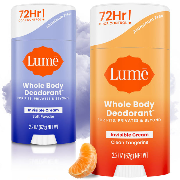 Lume Whole Body Deodorant - Invisible Cream Stick - 72 Hour Odor Control - Aluminum Free, Baking Soda Free, Skin Safe - 2.2 Ounce (Pack of 2) (Soft Powder)