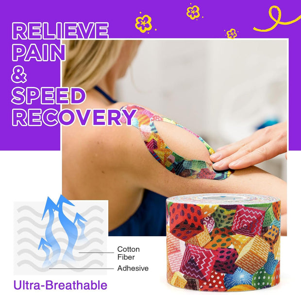 OK TAPE Patterned Kinesiology Tape, Elastic Physical Therapy Athletic Tape for Pain Relief & Muscle Support, Uncut Kinetic Tape, 2in x 16.4ft- 2 Rolls (Pyramid)