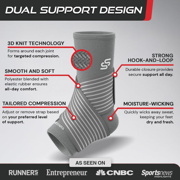 Sleeve Stars Ankle Brace for Women & Men, Ankle Wrap for Sprain, Compression Sleeve for Plantar Fasciitis Relief, Easy Customizable Support: w/ Removable Strap (Single/M:10"-12"/Black)