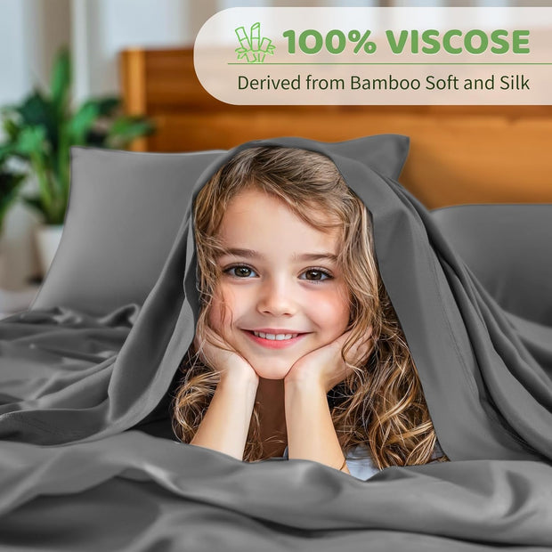 LBRO2M Cooling Bed Sheet 100% Viscose Derived from Bamboo Sheet Set 4 Piece,Fit Up to 16" Deep Mattress, 1800 TC Sheet Super Soft Silky Smooth,Breathable Cool Bedding (King Dark Gray)