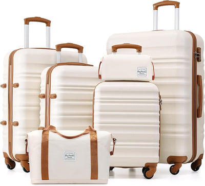 LONG VACATION 6 Piece Luggage Set Carry on Suitcase with ABS+PC hardshell, Spinner Wheels & YKK Zipper TSA Lock (WHITE-BROWN, 6 piece set)