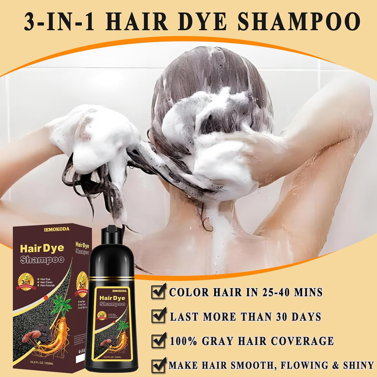 Black Long-Lasting & Natural Hair Color Shampoo - 3 in 1 for Gray Coverage, Instant Effect in Minutes for Men & Women, 16.9 Fl Oz