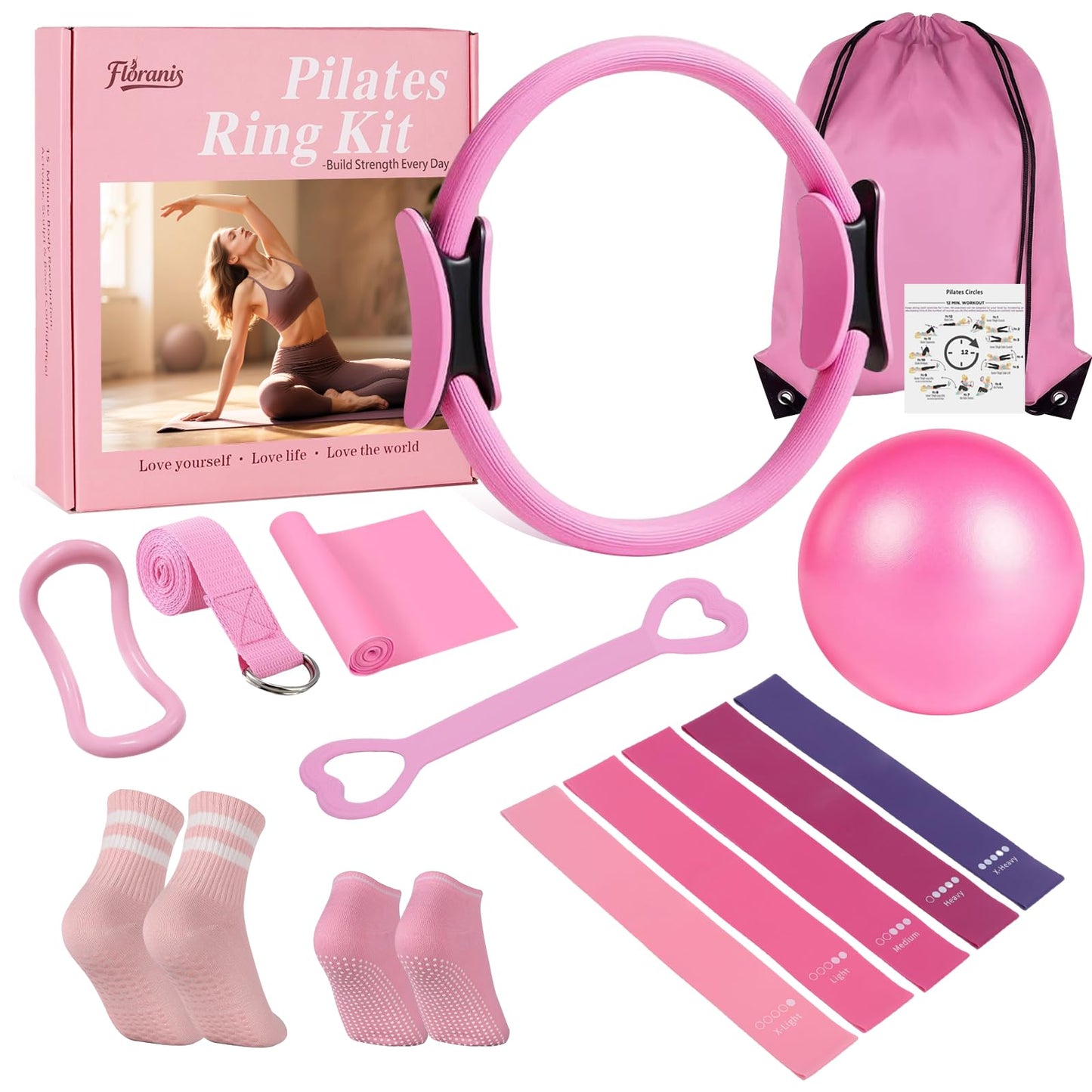 Home Pilates Essentials Kit for Women Pink Ring and Ball Pilates Set Equipment, Magic Circle with 5 Resistance Bands Premium Accessories Kits for Starter Toning Workouts at Home