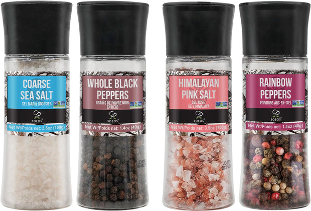Soeos Himalayan Pink Salt 39 oz + Whole Black Peppercorns 18 oz, Coarse Grain, Kosher Salt for Grinder Refill, Salt and Pepper Grinder, Non-GMO Verified, Spice Seasoning Set for Cooking