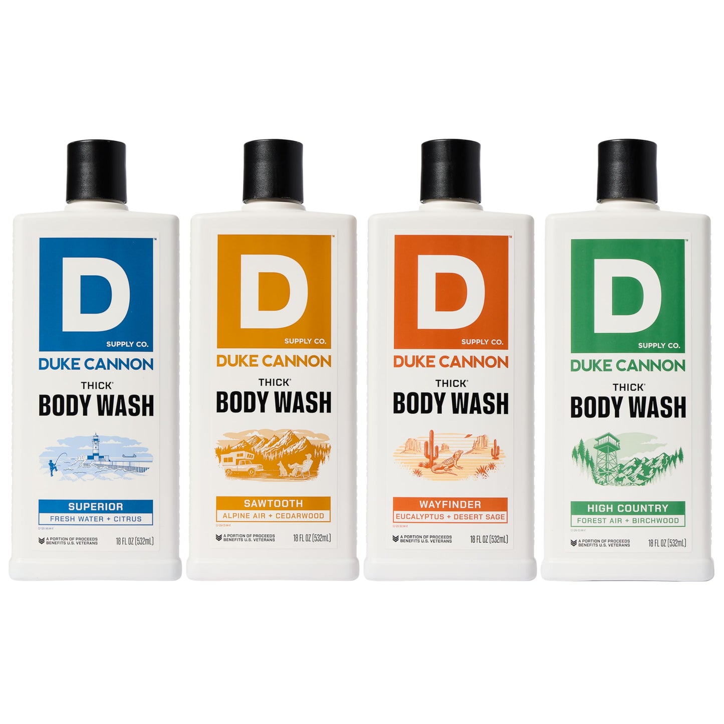 Duke Cannon Supply Co. THICK High-Viscosity Body Wash for Men THICK IN A BOX Variety 4 Pack - Premium Ingredients, Plant-Based Thickeners, Superior Lather, Natural Exfoliate, 17.5 Fl Oz (4 Pack)