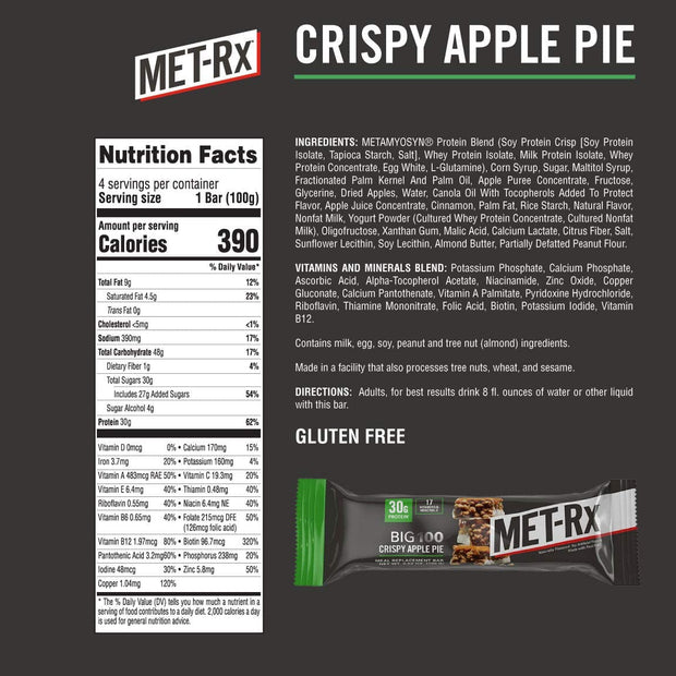 MET-Rx Big 100 Protein Bar, Meal Replacement, 30G Protein, Gluten Free, Crispy Apple Pie, 3.52 oz. ea, 8 Count (Packaging May Vary)