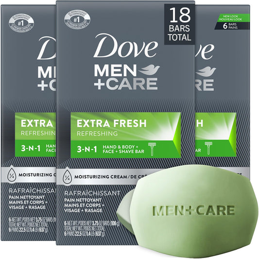 Dove Soap Bar for Men, Men+Care Extra Fresh Scent (3 Boxes/18 Bars) – Hydrating 3-in-1 Body, Hand, and Face Cleanser, 22.5 Oz Ea