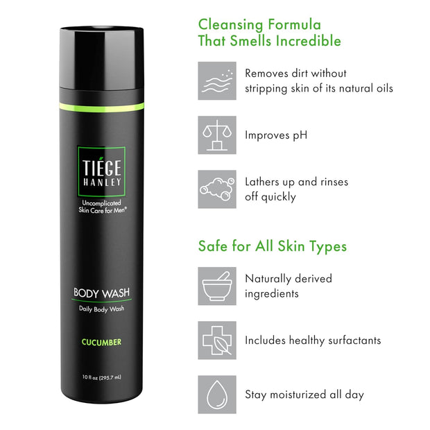 Tiege Hanley Daily Body Wash for Men | Gently Removes Dirt, Sweat and Oil | Cucumber Scent | 10 fluid ounces | Made in the USA | 2 Pack