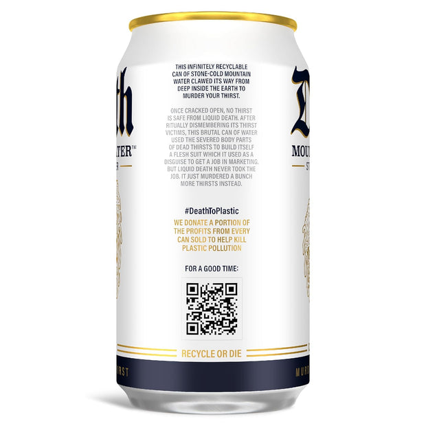 Liquid Death, Still Mountain Water, 12-Pack (12oz Cans), Real Mountain Source, Infinitely Recyclable Ice-Cold Cans, American Made