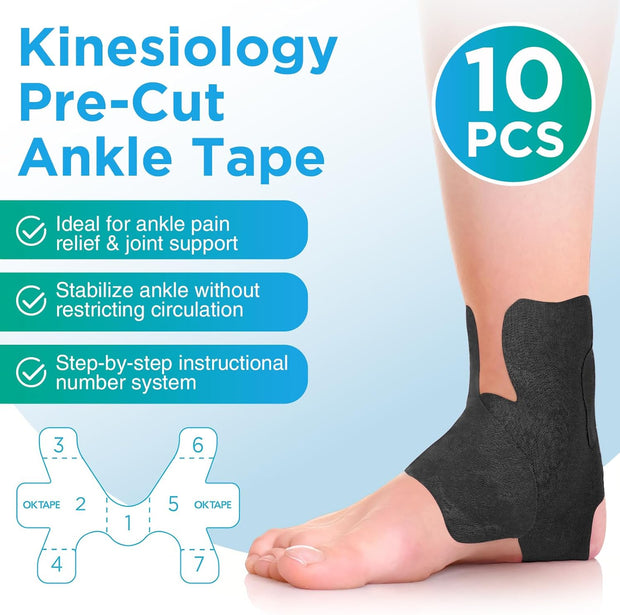 OK TAPE Precut Kinesiology Ankle Tape, 10 Pcs, Pain Relief, Prevent Ankle Sprain, Provide Support for Ankle Ligament, Elastic Athletic Tape, Breathable K Tape for Daily use - Beige