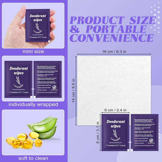 Travel Deodorant Wipes Individually Wrapped,Body Wipes to Clean Skin for Women Men（Lavender,pack of 100)