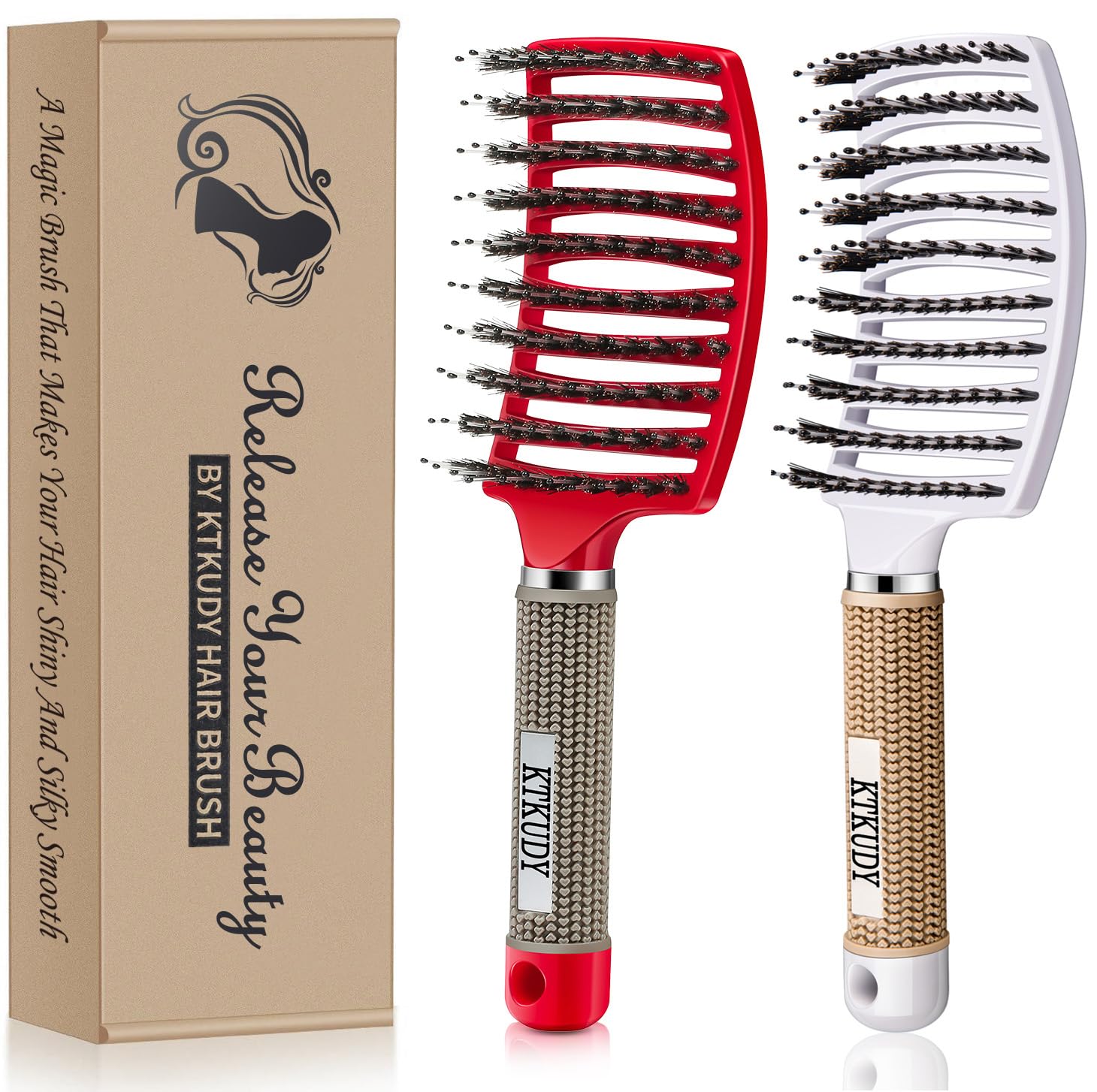 KTKUDY Detangling Brush Getting Knots Out without Pain - Boar Bristles HairBrush Make Hair Shiny & Healthier Vented Detangler Brush for Women Men Kids Wet and Dry Hair (Gold & Green)