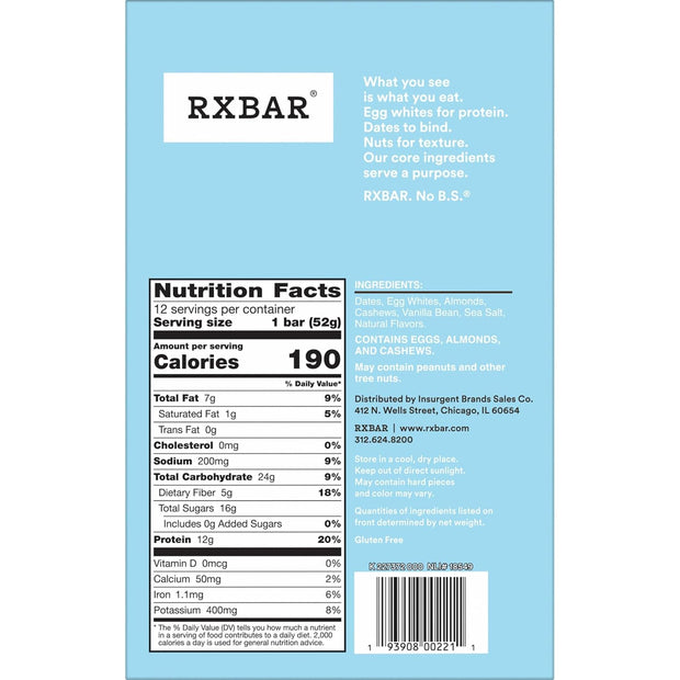 RXBAR Protein Bars, Protein Snack, Snack Bars, Vanilla Almond, 22oz Box (12 Count)