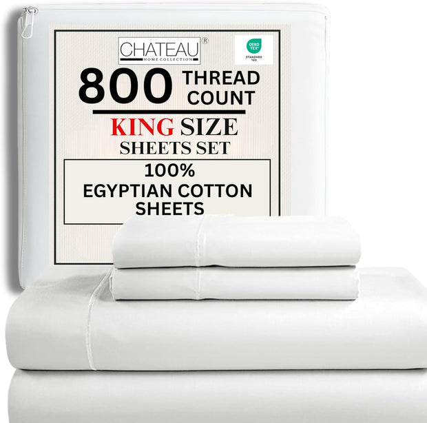 100% Egyptian Cotton Sheets King Size Sheets Set with Fully Elasticated Fitted Sheet & Pillowcase sets, 800 TC Hotel Collection Deep Pocket King Sheet Set, No Pill Soft Breathable Luxury White Bedding