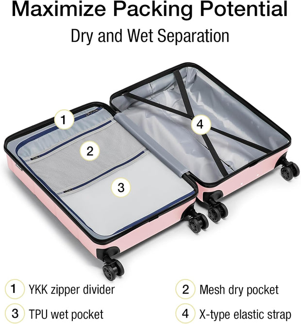 KYME 26 Inch Luggage TSA Approved Hard Shell Suitcases with Spinner Wheels Durable Medium Travel Checked Luggage with Cup Holder for Women Men Pink