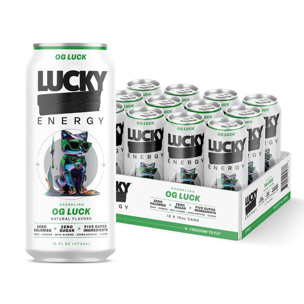 Lucky Energy Sugar Free Energy Drinks 16 Fl Oz Cans (12-Pack) Orange Drizzle with Maca, Ginseng, Taurine, Beta-Alanine, 200mg Caffeine