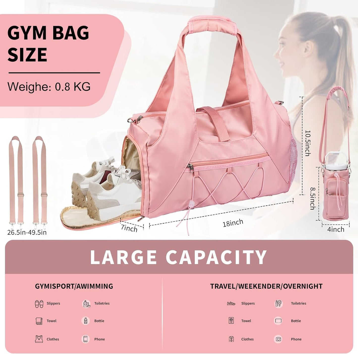 Gym Bag for Womens,Yoga Mat Bag with Shoes Compartment Water Bottle Carrier Multi-Functional Bags Ideal for Travel, Gym, Sports, Weekender