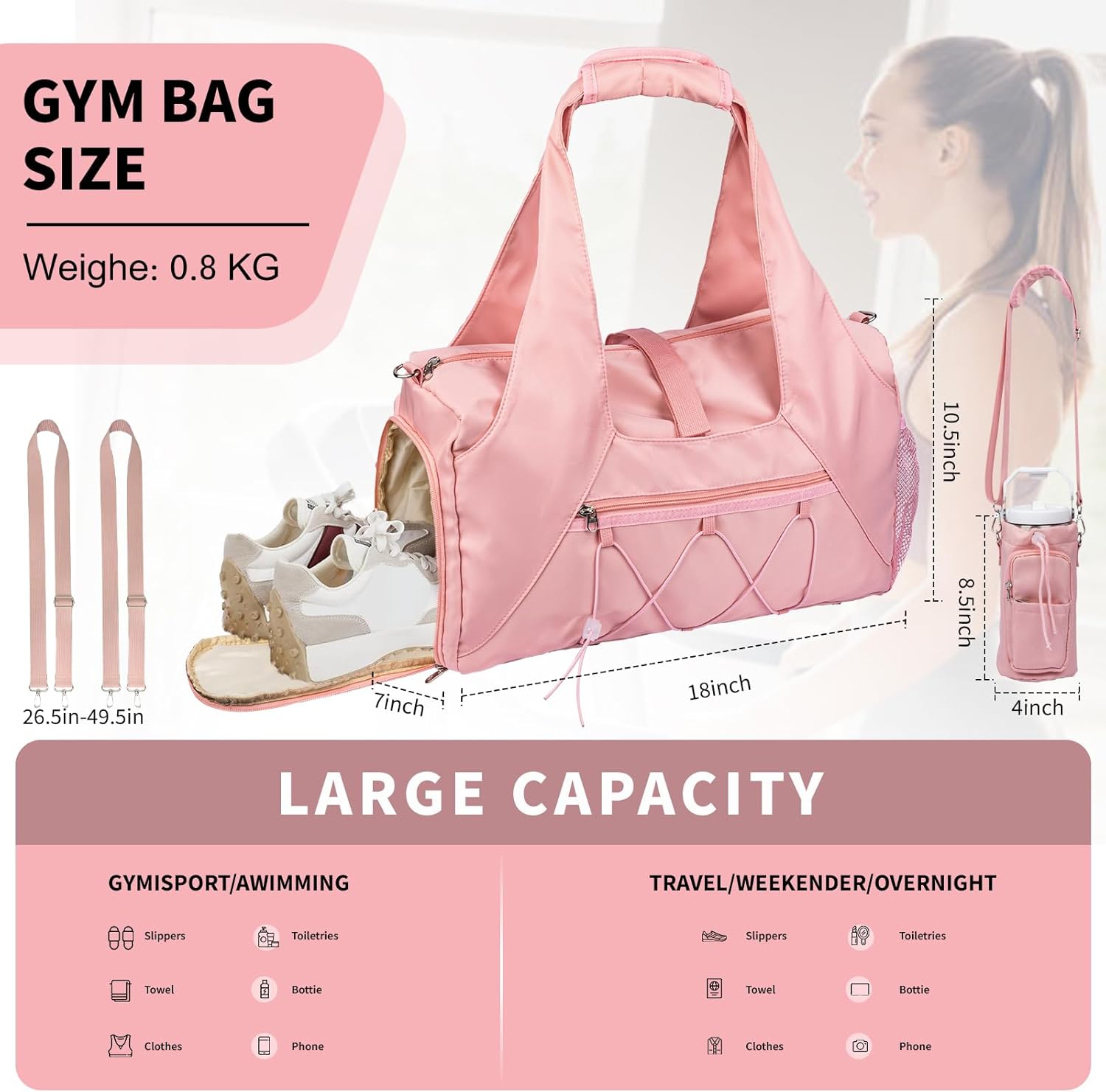 Gym Bag for Womens,Yoga Mat Bag with Shoes Compartment Water Bottle Carrier Multi-Functional Bags Ideal for Travel, Gym, Sports, Weekender