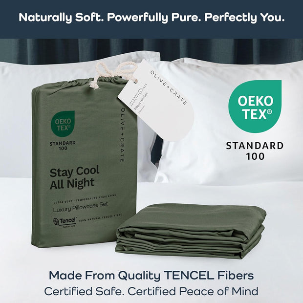 Olive + Crate Tencel Eucalyptus Pillowcases - 100% Tencel Lyocell Cooling Pillow Cases for Hot Sleepers - Hypoallergenic, Moisture-Wicking, Silk Alternative, Vegan - King Size Set of 2 [Moss]