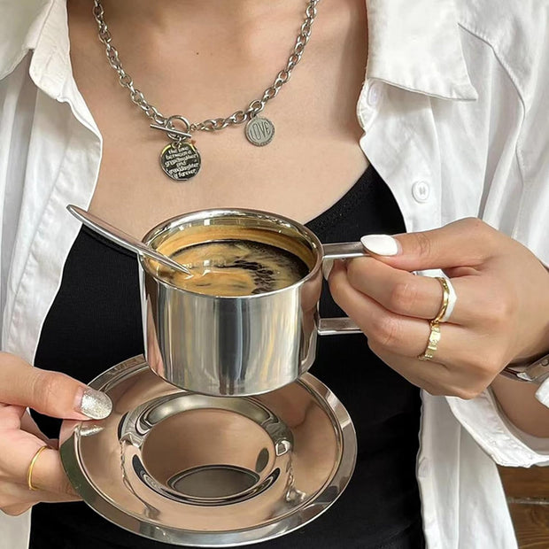 ZENFUN 4 Pack 6.8 oz Coffee Cups Set, 18/8 Stainless Steel Espresso Cup with Saucer and Spoon, Cute Coffee Mugs with Handle, Drinkware Cup for Latte, Cappuccino, Milk, Tea