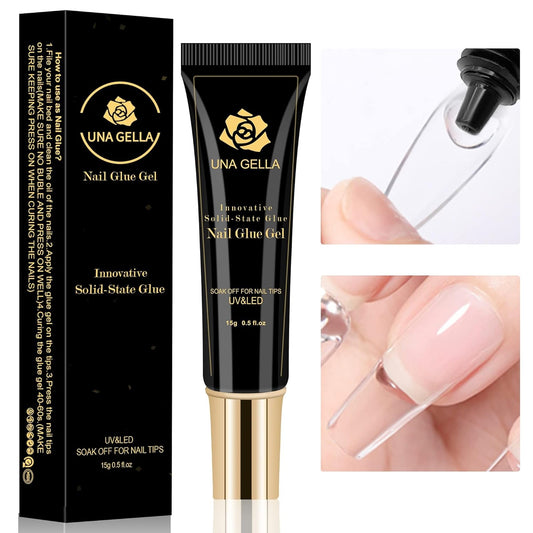 UNA GELLA Solid Nail Glue Gel Soft Gel Nail Tips Glue 15ml Lamp Curing Needed Solid Soak Off Glue Super Strong Nail Glue For Fake Acrylic Nails Extension Press On Nails