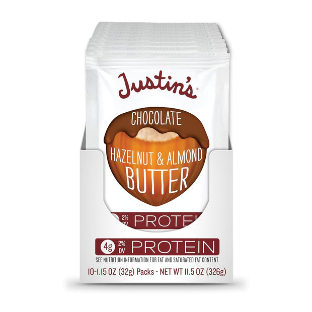 Justin's Chocolate Hazelnut & Almond Butter Squeeze Pack, Organic Cocoa, Gluten-free, Responsibly Sourced, Packaging May Vary, 1.15 Ounce (Pack of 10)