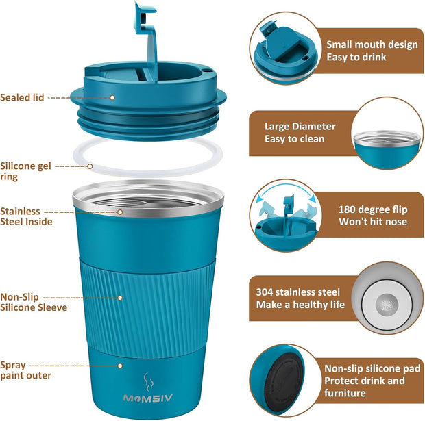 MOMSIV 12oz Travel Mug, Insulated Coffee Cup with Leakproof Lid, Travel Coffee Mug Vacuum Stainless Steel Double Walled Reusable Coffee Cup for Hot and Cold Water Coffee