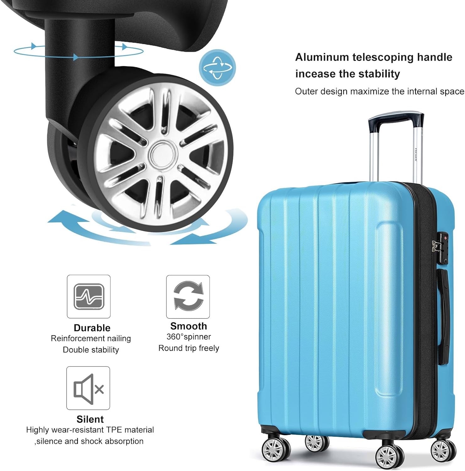 FOCHIER F Luggage Sets, Expandable 3 piece Hard Shell Luggage Set with TSA Lock, PC+ABS Hardside Travel Suitcase with Wheels for Women Men 20 24 28 Inch (Blue)
